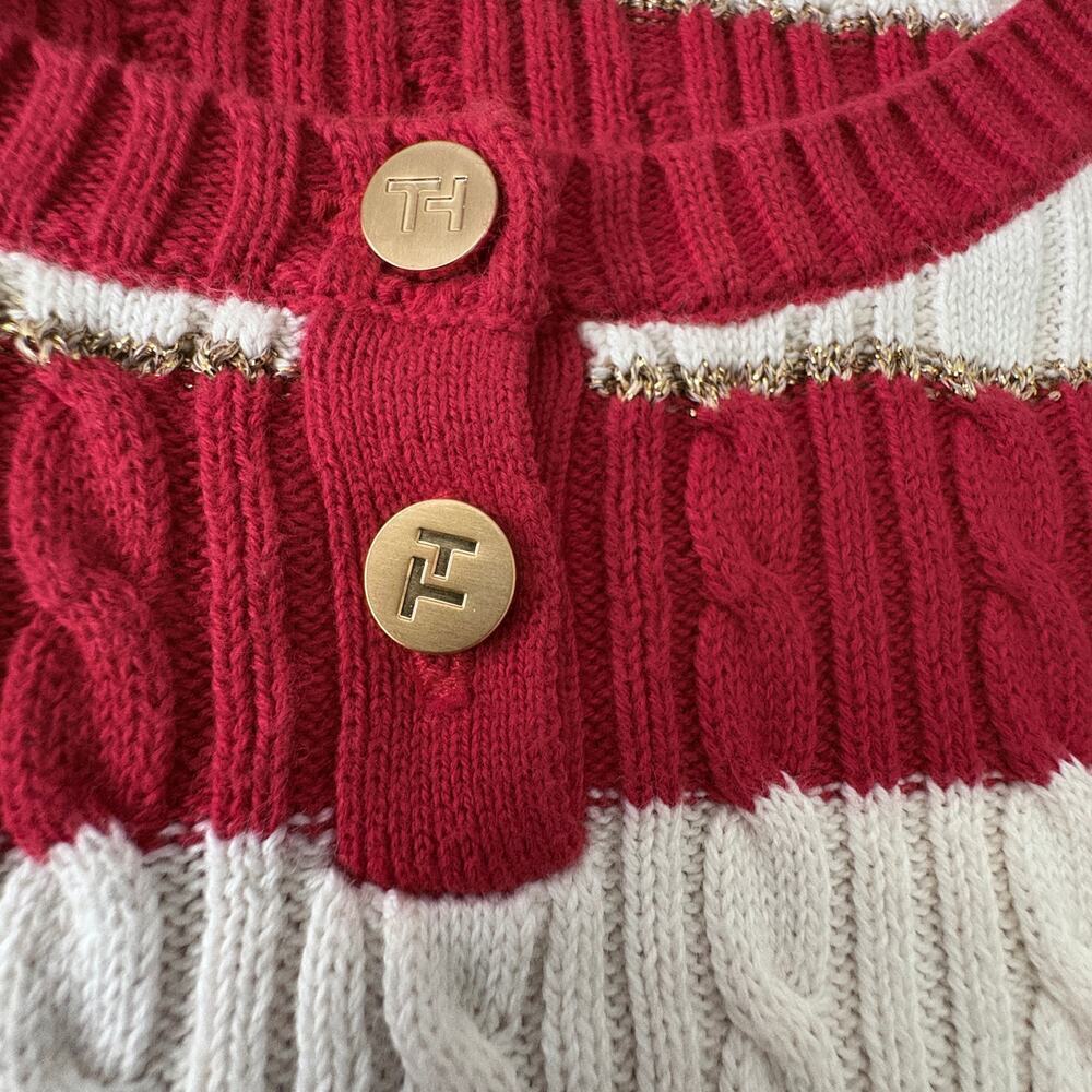 Tommy Hilfiger Stripe Cable Knit Sweater Red White Gold Medium Preppy - Picture 3 of 8